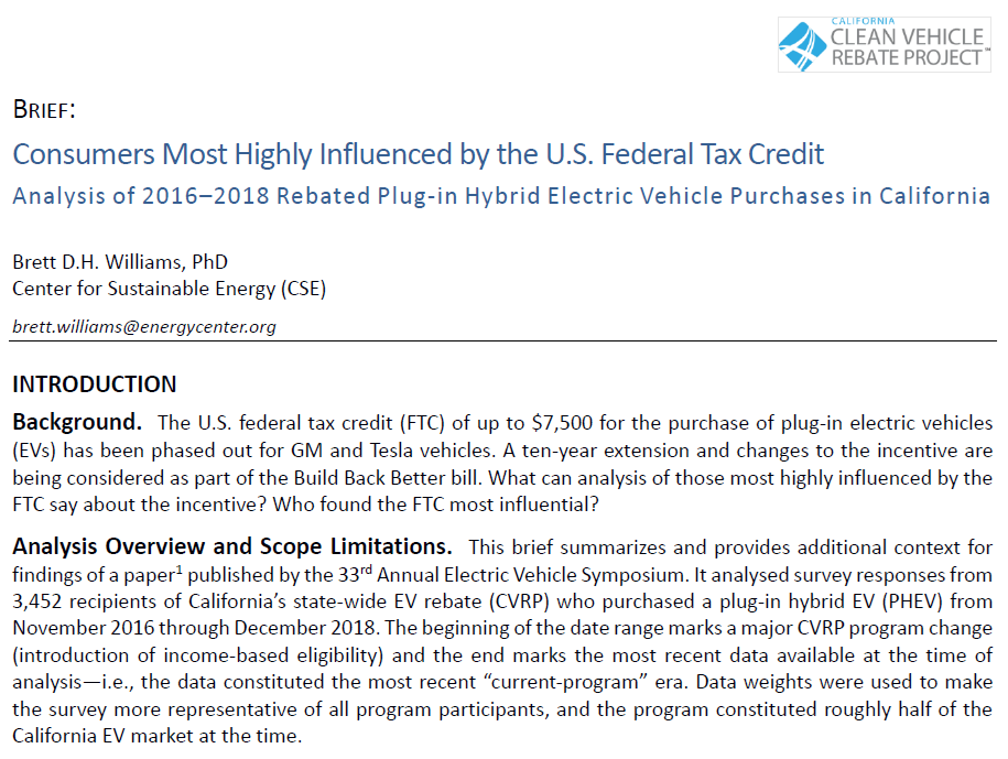 PHEV Consumers Influenced by Federal Tax Credit Brief